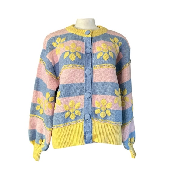 Zara Floral Jacquard Knit Cardigan Pastel Blue Yellow Size S NWT Rare - Picture 1 of 14